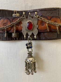 Unisex, Historical Fiction Belt, MTO, Brown, Tan Brown, Red, Silver, Leather, Metallic/Metal, 42, W 36-, Stamped Tan Belt on Top of 2" Wide Dk Brown Stamped Belt, Silver Chains with Trio of Chandeliers, Red Cabochon Center Front,