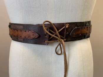 Unisex, Historical Fiction Belt, MTO, Brown, Tan Brown, Red, Silver, Leather, Metallic/Metal, 42, W 36-, Stamped Tan Belt on Top of 2" Wide Dk Brown Stamped Belt, Silver Chains with Trio of Chandeliers, Red Cabochon Center Front,