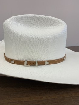 Mens, Cowboy Hat, BAILEY'S , Cream, Straw, 7 1/8, Brown Strap With Silver Buckle & Metal