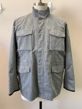 VINCE, Gray, Polyester, Leather, Heathered, Stand Collar, Snap Front, 6+ Pockets, Clack Leather Contrast, Drawstring Waistband,