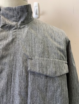 VINCE, Gray, Polyester, Leather, Heathered, Stand Collar, Snap Front, 6+ Pockets, Clack Leather Contrast, Drawstring Waistband,