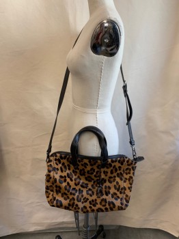 ELIZABETH & JAMES, Brown, Black, Tan Brown, Leather, Fur, Animal Print, Leopard Pony Doctors Bag with 2 Short Handles and Zipper.  MATCHING Detachable Shoulder Strap and Storage Bag