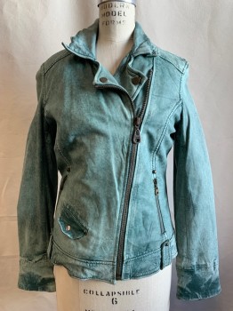 Womens, Leather Jacket, DOMA, Lt Green, Leather, S, Motorcycle Jacket, Zip Front, Collar Attached, 3 Pockets, Studs at Shoulders, Long Sleeves, Zips at Sleeve Hem with Brass Studs