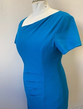 ADRIANNA PAPELL, Turquoise Blue, Polyester, Elastane, Solid, Stretch Crepe, Asymmetric Pointed Neckline, Princess Seams Down Front with Ruched Detail at Waist, Fitted, Knee Length, Invisible Zipper in Back