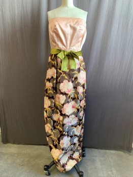 Womens, Evening Gown, MTO, Lt Pink, Dk Brown, Fuchsia Pink, White, Yellow, Silk, Floral, W 25, B 32, Solid Light Pink Satin Top, Strapless, Dark Brown/Fuchsia/Yellow/White/Lt Pink Floral Jacquard, Pleated Skirt, Ankle Length, Chartreuse Satin Belt Attached with Bow with Snap, Back Zip