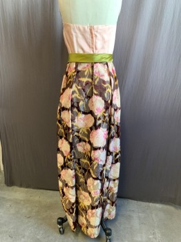 MTO, Lt Pink, Dk Brown, Fuchsia Pink, White, Yellow, Silk, Floral, Solid Light Pink Satin Top, Strapless, Dark Brown/Fuchsia/Yellow/White/Lt Pink Floral Jacquard, Pleated Skirt, Ankle Length, Chartreuse Satin Belt Attached with Bow with Snap, Back Zip