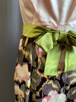 MTO, Lt Pink, Dk Brown, Fuchsia Pink, White, Yellow, Silk, Floral, Solid Light Pink Satin Top, Strapless, Dark Brown/Fuchsia/Yellow/White/Lt Pink Floral Jacquard, Pleated Skirt, Ankle Length, Chartreuse Satin Belt Attached with Bow with Snap, Back Zip