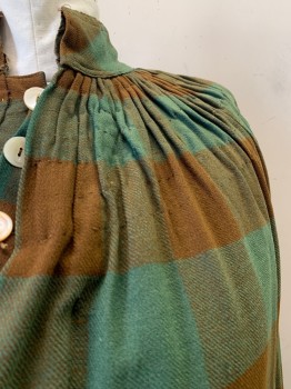 Womens, Cape 1890s-1910s, MTO, Sage Green, Brown, Wool, Plaid, B54, Stand Collar, 5 Button Down Front, Gathered Yoke