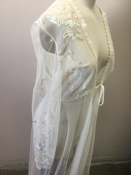 Womens, Nightgown, N/L, Ivory White, Lt Blue, Lt Pink, Lt Green, Polyester, Floral, Small, Made To Order,Peignoir, Robe, Net with Floral Embroidery,  Lace Edge, Long Sleeves,