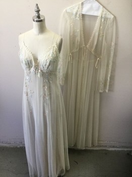 N/L, Ivory White, Lt Blue, Lt Pink, Lt Green, Polyester, Floral, Made To Order,Peignoir, Robe, Net with Floral Embroidery,  Lace Edge, Long Sleeves,