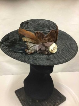 Womens, Hat 1890s-1910s, NO LABEL, Gray, Brown, Cream, Black, Straw, Feathers, Wide Brim, Brown Velvet Fabric, Fabric Flowers, Multicolor Feathers,
