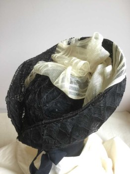 Womens, Hat 1890s-1910s, N/L, Black, Cream, Horsehair, Rayon, Solid, Black Textured Horsehair Stripes, Curled Up Brim with Small Round Crown, Large Cream Rayon Loose Weave Bow, Black Grosgrain Straps, Black Chintz Lining, **Some Of The Horsehair Is Torn Underneath Brim,