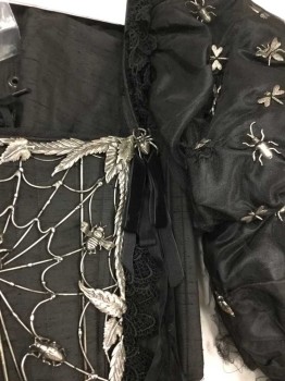 Womens, Sci-Fi/Fantasy Piece 1, Period Corsets, Black, Silver, Silk, Netting, Solid, 24, 32, Bodice, Black Silk Taffeta W/ Poofy Balloon Sleeves W/ Black Lace Cuffs Black Netting & Silver Inset Applique Silver Metal Web W/ Spiders Metal Plate Square Neck Lace Up Back Black Velvet & Silk Ribbon Detail See Photo Attached,