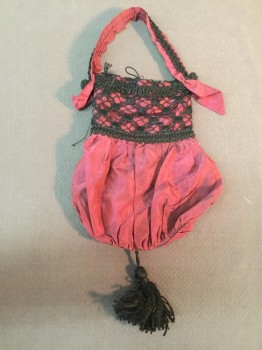 Womens, Purse 1890s-1910s, NO LABEL, Red Burgundy, Black, Silk, Synthetic, Solid, Burgundy, Black Lace Trim,