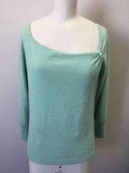 TWELFTH STREET, Mint Green, Cashmere, Solid, Knit, Wide Square Neck, 3/4 Sleeves, 2 Button Looped Detail at Side of Neckline