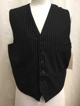 Mens, Vest 1890s-1910s, Black, Brown, Wool, Synthetic, Stripes - Pin, 42, Black with Heather Brown Pin Stripes, Button Front, 4 Pockets,