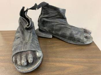 Mens, Sci-Fi/Fantasy Boots , MTO, Black, Leather, Fur, Solid, 14, Open Toe, Rubber Gorilla or Ape Feet with Hair Exposed, Heel Zip, Aged/Distressed,