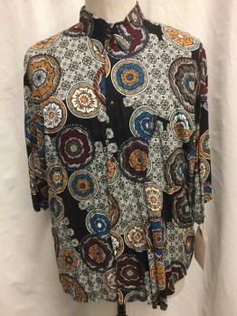 Mens, Casual Shirt, CAFE, Black, Maroon Red, White, Goldenrod Yellow, Teal Blue, Rayon, Geometric, Floral, 2X, Button Front, Collar Attached, Short Sleeve, 1 Pocket,