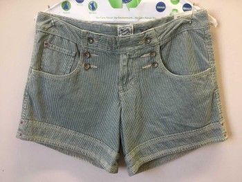 Womens, Shorts, LUCKY BRAND JEANS, Teal Blue, Cream, Cotton, Stripes - Vertical , 26, Teal Blue/ Cream Vertical Stripes, 1-1/2" Waist Band, Sailor Front with 6 Metal Buttons, 2 Wedge Pockets, Fold Over Cuffs W/2 Red "X" Embroidery
