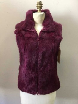 Womens, Vest, EXPRESS, Magenta Purple, Fur, Solid, XS, Rabbit, Zip Front, 2 Pockets, Stand Collar Tacked Down