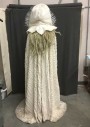 Unisex, Sci-Fi/Fantasy Cape/Cloak, M.T.O., Cream, Polyester, Faux Fur, Cloak with Plastic Spikey Zip Tie Trimmed Hood, Reptile Textured Polyester Fleece, Self Tie Front. Collar with Plastic Weeds At Back Neck. Floor Length, Hemline Dirty