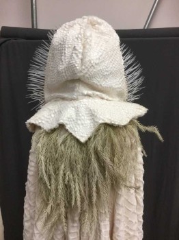 Unisex, Sci-Fi/Fantasy Cape/Cloak, M.T.O., Cream, Polyester, Faux Fur, Cloak with Plastic Spikey Zip Tie Trimmed Hood, Reptile Textured Polyester Fleece, Self Tie Front. Collar with Plastic Weeds At Back Neck. Floor Length, Hemline Dirty