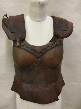 Womens, Historical Fict Breastplate , M.T.O., Brown, Leather, Metallic/Metal, Ch 36, Molded Breasts, Riveted Pieces, Lace Up Sides, Laced Shoulders with Studded Decorative Leather Pieces On Top Attached At Back and Laced To The Front