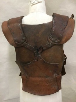 Womens, Historical Fict Breastplate , M.T.O., Brown, Leather, Metallic/Metal, Ch 36, Molded Breasts, Riveted Pieces, Lace Up Sides, Laced Shoulders with Studded Decorative Leather Pieces On Top Attached At Back and Laced To The Front