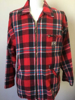 BC ETHIC, Red, Black, Turquoise Blue, White, Cotton, Plaid, Flannel, Zip Front, Collar Attached, 3 Pockets, No Lining