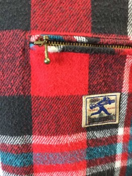 BC ETHIC, Red, Black, Turquoise Blue, White, Cotton, Plaid, Flannel, Zip Front, Collar Attached, 3 Pockets, No Lining