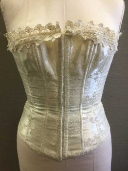 FREDERICKS OF HOLLYW, Cream, Polyester, Floral, Floral Brocade, Lace Trim, Lace Up with Silver Grommets at Center Back, Busk Closure at Center Front