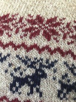 PECONIC BAY TRADERS, Oatmeal Brown, Red Burgundy, Navy Blue, Wool, Nylon, Novelty Pattern, Solid, Knit Scratchy Wool, Solid Oatmeal with Burgundy and Navy Snowflakes and Reindeer Pattern Across Chest, Long Sleeves, Crew Neck