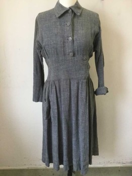 Womens, Sci-Fi/Fantasy Dress, N/L, Slate Gray, Cotton, Solid, W:33, B:40, Homespun Cloth, Long Sleeves, Button Front, Collar Attached, 6" Wide Waistband with Tab Button Closure, 1 Patch Pocket at Hip, 2 Horizontal Opera Tucks/Pleats at Hem, Historically Inspired Made To Order