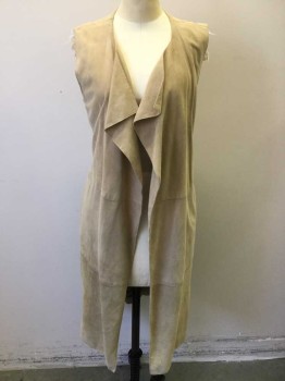 Womens, Leather Vest, HOBBS, Beige, Lt Brown, Leather, Solid, S, Beige Suede with Light Brown Lining, Long Vest, Round Neck,  Open Front, 2 Side Pockets, with 2" SELF BELT Detached