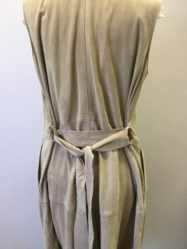Womens, Leather Vest, HOBBS, Beige, Lt Brown, Leather, Solid, S, Beige Suede with Light Brown Lining, Long Vest, Round Neck,  Open Front, 2 Side Pockets, with 2" SELF BELT Detached