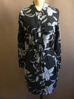 TOPSHOP, Charcoal Gray, Powder Blue, Viscose, Floral, Shirt Dress, 1/2 Button Front, Long Sleeves, Collar Attached, 1 Pocket, Hem Above Knee,  with Self Belt, Scallopped Hem