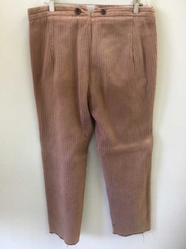 N/L, Dusty Rose Pink, Cotton, Stripes - Vertical , Self Stripe Texture, Button Fly, Suspender Buttons at Outside Waist, 2 Side Seam Pockets, Cropped/Cut Off Hems, Made To Order Reproduction "Old West" Wear