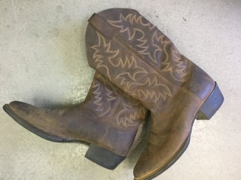 ARIAT, Brown, Lt Brown, Leather, Brown Leather with Brown and Light Brown Western Embroidery, 1.5" Heel, Light Dust/Wear Throughout