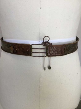 N/L, Dk Brown, Brass Metallic, Leather, Metallic/Metal, Dark Brown Belt W/brass Stamped,studs and Buckle Pieces Inlay/attached, 2 Needle Pins & Brown Cord String Brass Barrel-like Eng Closure, See Photo Attached,