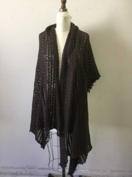 Womens, Shawl 1890s-1910s, Dk Brown, Acrylic, Solid, 3ft, 6ft, Lace Knit Acrylic Fabric, Raw Uneven Edge,