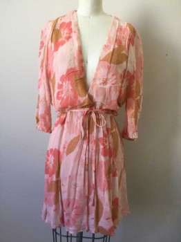 REFORMATION, Lt Pink, Coral Pink, Tan Brown, Viscose, Floral, Surplice Wrap, 3/4 Sleeves with Elastic Cuffs, Gathered Shoulder Seems, Flippy Skirt
