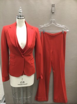 Womens, Suit, Jacket, N/L, Red, Polyester, Solid, XS, Single Breasted, Notched Lapel, Satin Panel on Bottom Half of Lapel, 1 Satin Button, 3 Pockets, Satin Cuffs, Shoulder Pads