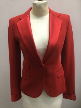 Womens, Suit, Jacket, N/L, Red, Polyester, Solid, XS, Single Breasted, Notched Lapel, Satin Panel on Bottom Half of Lapel, 1 Satin Button, 3 Pockets, Satin Cuffs, Shoulder Pads
