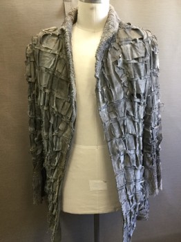 MTO, Lt Gray, Off White, Cotton, Heavy Cotton and Muslin, Raw Edge Strips Woven Into Fabric of Jacket, Painted Gray, Aged/Distressed,  Collar and Cuffs are Wide Wale Velour Corduroy, No Closures, Lined in Brown and Tan Snake Skin Print Silk