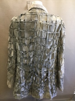 Mens, Coat, MTO, Lt Gray, Off White, Cotton, 40, Heavy Cotton and Muslin, Raw Edge Strips Woven Into Fabric of Jacket, Painted Gray, Aged/Distressed,  Collar and Cuffs are Wide Wale Velour Corduroy, No Closures, Lined in Brown and Tan Snake Skin Print Silk
