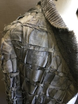 Mens, Coat, MTO, Lt Gray, Off White, Cotton, 40, Heavy Cotton and Muslin, Raw Edge Strips Woven Into Fabric of Jacket, Painted Gray, Aged/Distressed,  Collar and Cuffs are Wide Wale Velour Corduroy, No Closures, Lined in Brown and Tan Snake Skin Print Silk