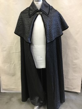 Unisex, Sci-Fi/Fantasy Cape/Cloak, MTO, Black, Faux Leather, Polyester, Diamonds, OS, Back with Self Quilt Diamond Texture with Black Velvet Trim,  Caplet,  Collar Attached with Black Ribbon Trim, Solid Black Lining, Intricate Silver Closure at Neck