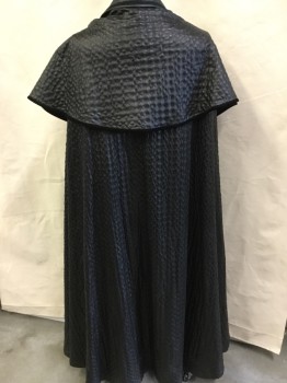 Unisex, Sci-Fi/Fantasy Cape/Cloak, MTO, Black, Faux Leather, Polyester, Diamonds, OS, Back with Self Quilt Diamond Texture with Black Velvet Trim,  Caplet,  Collar Attached with Black Ribbon Trim, Solid Black Lining, Intricate Silver Closure at Neck