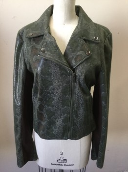 I STATE, Gray, Green, Black, Brown, Faux Leather, Reptile/Snakeskin, Notched Lapel, Assymetrical Zipper, Slit Pocket, Zippers at Sleeves