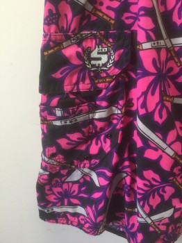 N/L, Black, Fuchsia Pink, Purple, Gray, Polyester, Floral, Novelty Pattern, Tropical Flowers with Gray Crossed Swords Pattern, Purple Shoelace Style Lacing/Ties at Center Front, Velcro Closure at Fly, 1 Cargo Pocket at Hip, 11" Inseam